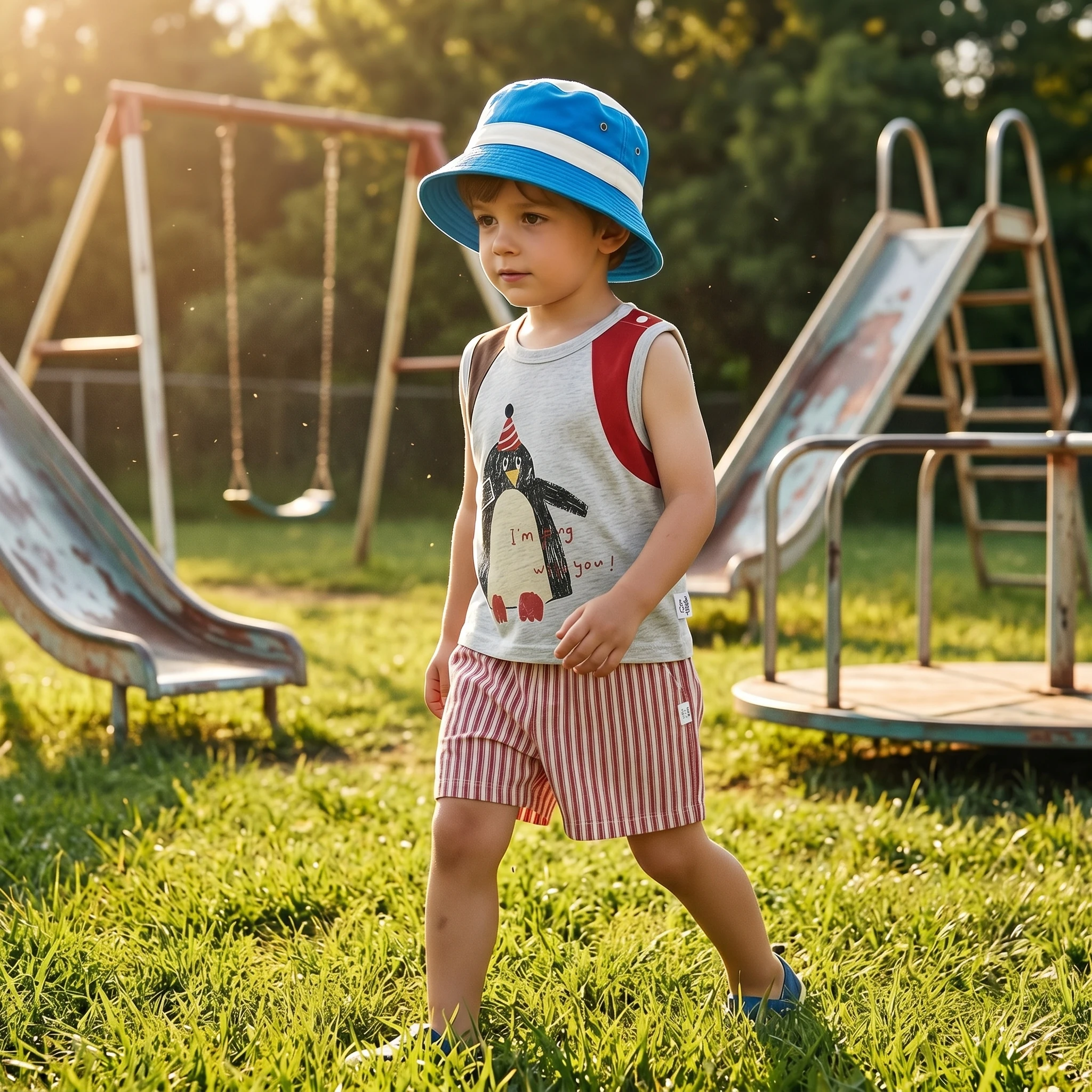Summer Cotton Baby Set Boys Girls Cute Penguin Print Sleeveless Tank Top+Striped Shorts 2Pcs Clothes Soft Casual Outfit