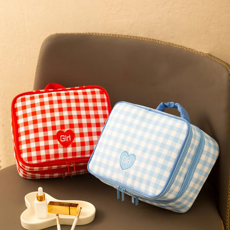Fashion Plaid Makeup Bag for Women Large Capacity Waterproof Portable Travel Handbags Double Layer Clothing Storage Bags