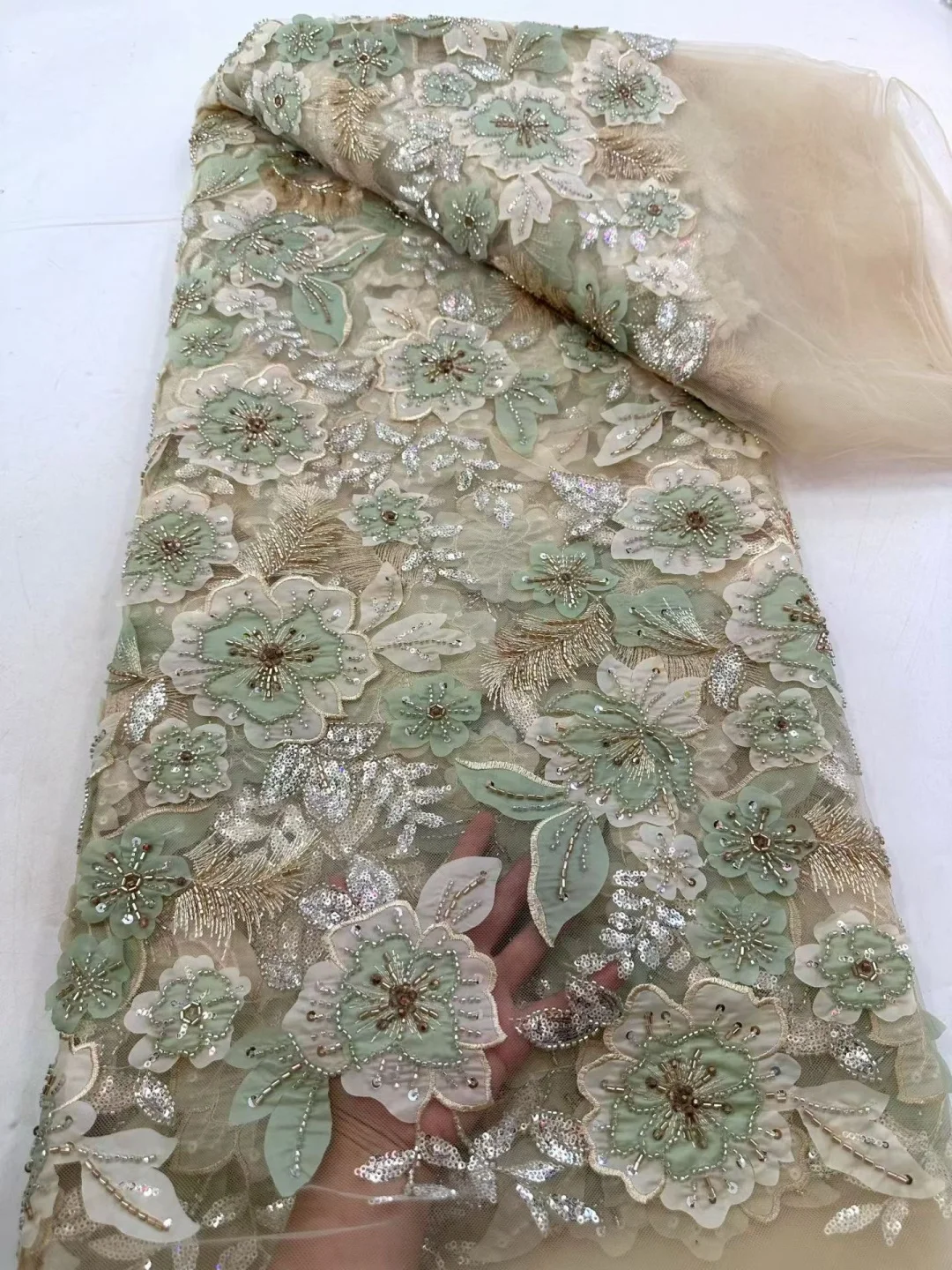 African Beaded Lace Fabric 2026 High-Quality Nigerian Sequined Wedding Dress Material Suitable for Sewing Elegant Bridal Gowns