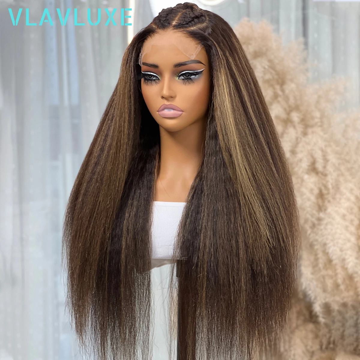 

400 Density Highlight Kinky Straight Balayage Brown Colored Remy Plucked Wigs 13X4 HD Transparent Lace Frontal Human Hair Wigs