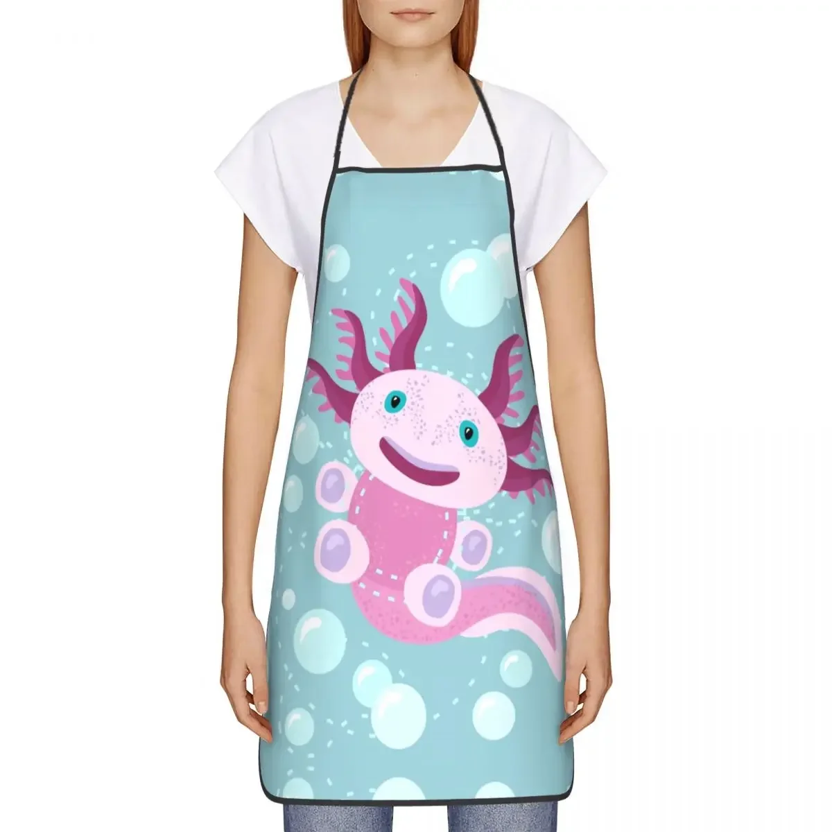 The Bubbles And Axolotl Funny Apron Women Men Cartoon Salamander Adult Unisex Kitchen Chef Bib Tablier Cuisine Cooking Baking