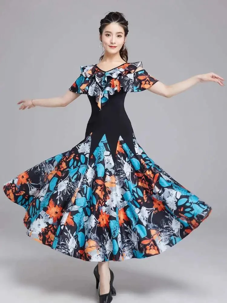 Moderne dansrok Dames Nieuwe Latin Dance Standaard Dans Wals Sociale Korte Mouw Grote Swing Rok Oefenjurk