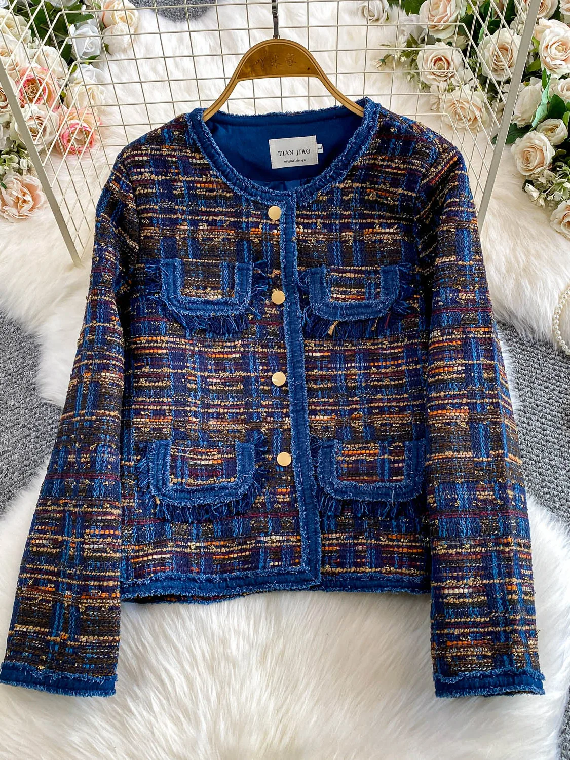 

ort Coat Women's Loose Fit round Ne Trimmed Top Ele Plaid Splicing Winter Outerwear Slimming Effect