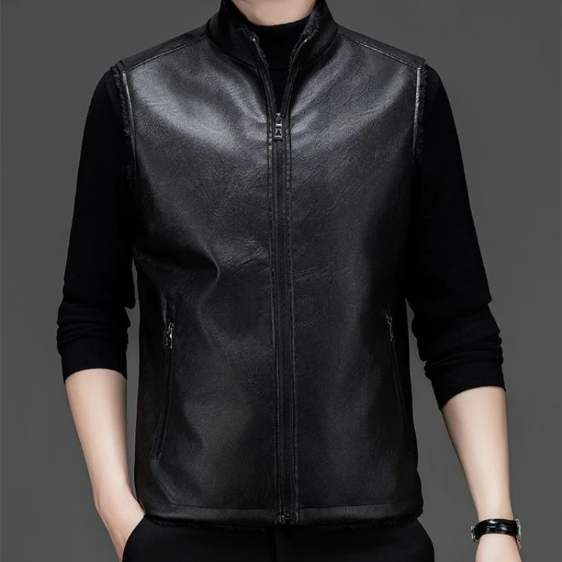 سترة رجالية من جلد البولي يوريثان مع بطانة صناعية مبطنة سميكة ودافئة بدون أكمام صدرية لخريف وشتاء ملابس خارجية للرجال في منتصف العمر