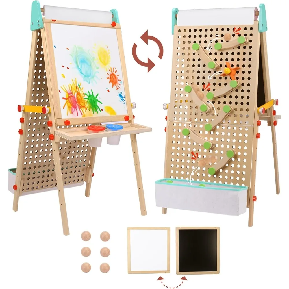 Kids Easel Wooden Marble for Kids, 4-in-1 Toddler Art Easel for Kids 3+ Painting Station Stand Drawing, Double-Sided 6 Heights