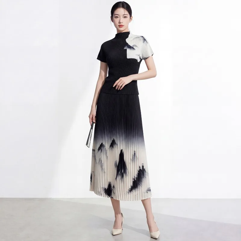 Miyake Pleated New Chinese Style Women's Suit with High-end Feel Ink Landscape Painting Retro Skirt Complete Two-piece Set Pleat