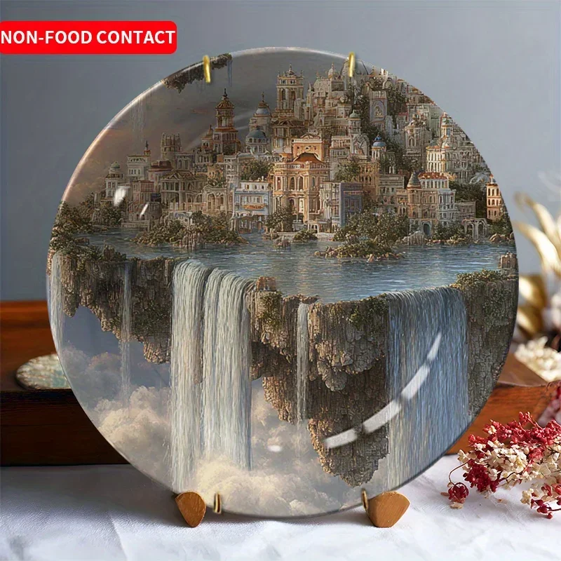 1pc Artistic Ceramic Decorative Plate - Hand-Painted Cityscape with Waterfall, Non-Food Contact, Ideal for Jewelry Display &