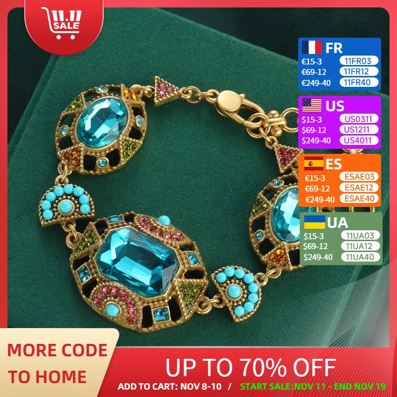 

Bohemia Antique Gemstone Charm Blue Square Crystal Bracelets For Woman Vintage Boho Beads Bangle Retro Jewelry Accessories 2025