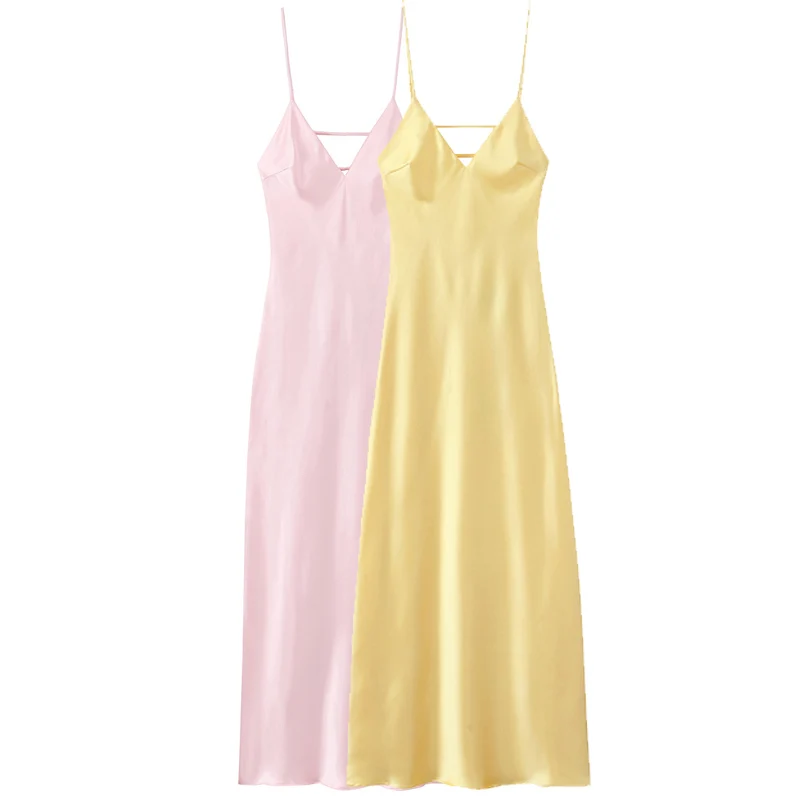 HXAO Womens gele onderjurk zomer 2025, vrouw satijn v-hals feestjurken elegante avond mouwloze rugloze lange vestidos 066