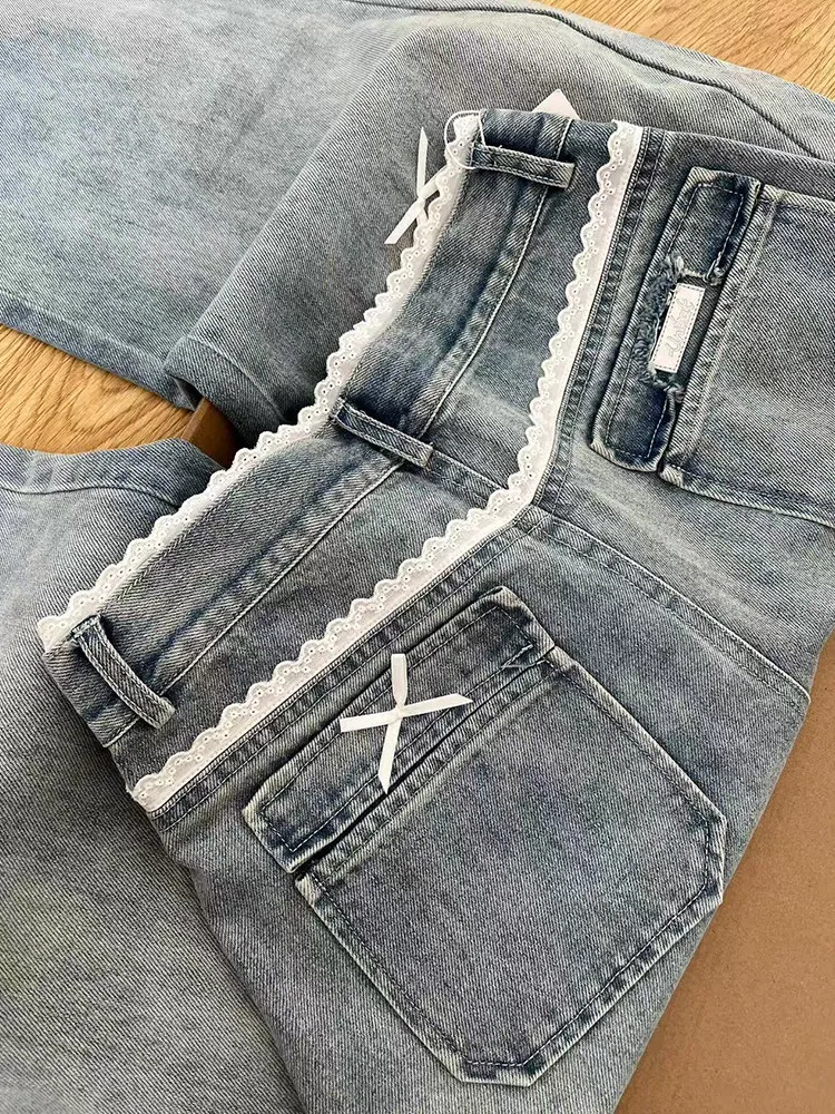 

Women American Style Lace Bow Straight Leg Jeans Casual Loose Niche Versatile High Waist Slim Light Blue Denim Pants