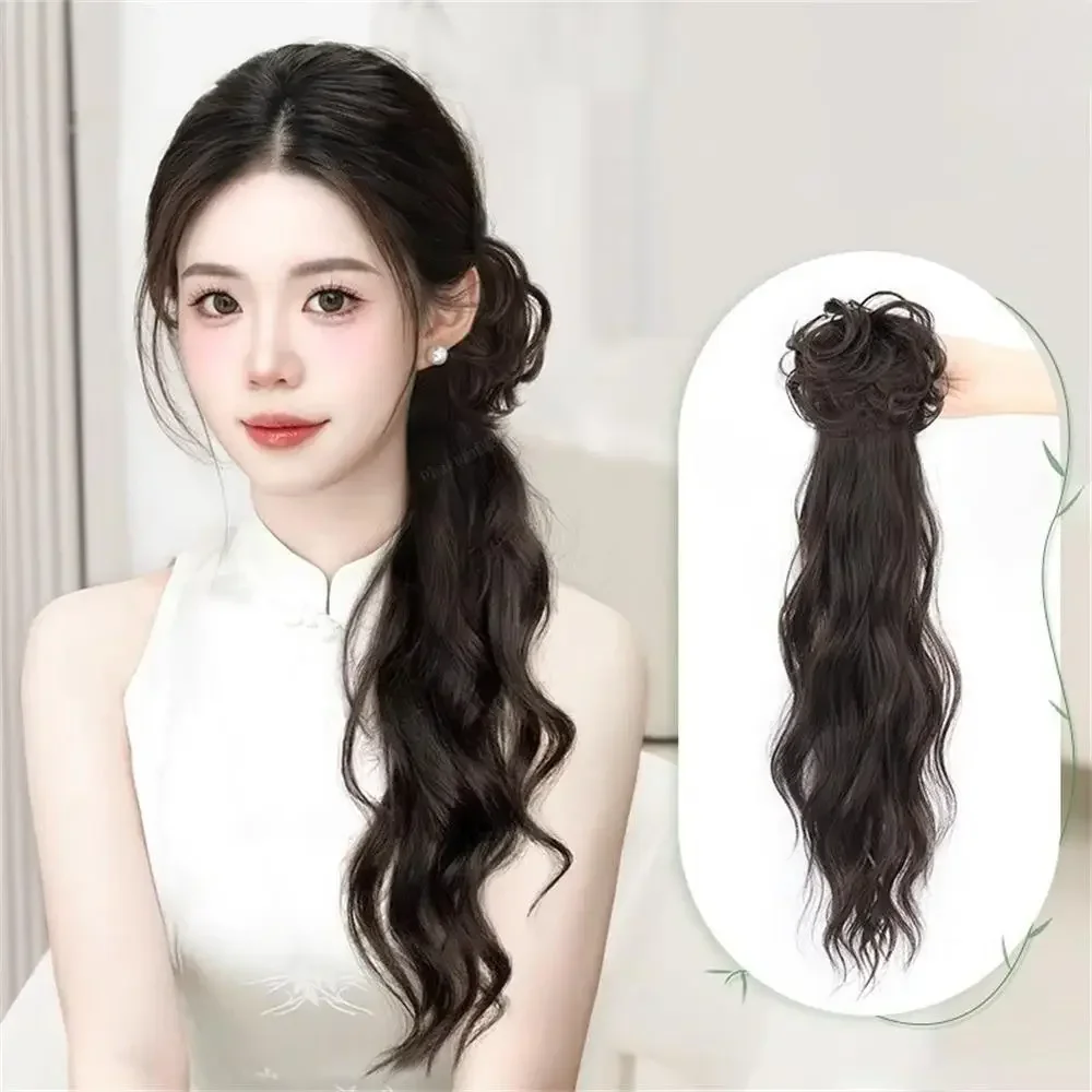 Wig sintetis ekor kuda wanita gaya Tiongkok baru ambil klip gaya kuno gaya Cina sedikit digulung klip rambut