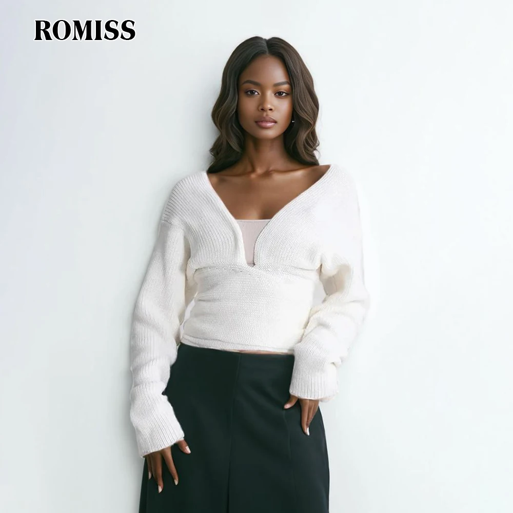 ROMISS Backless Sweater For Women V Neck Long Sleeve Solid Knitting Minimalist Sweaters Female Clothing Style New Fashion