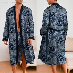 Print Flower Men's Sleepwear Long Sleeved Robe Shorts Pijamas Set Loose Casual Bathrobe Kimono 2025 Spring Summer 2PCS Pyjamas