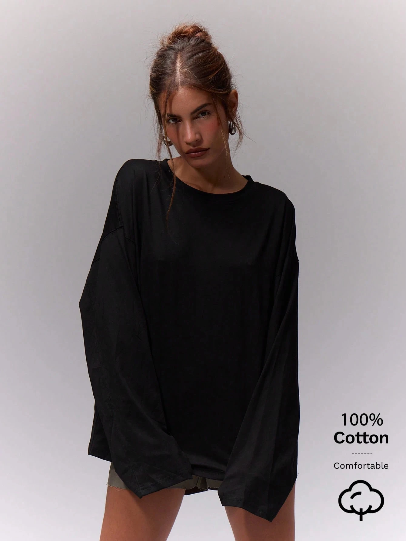 

M loose long sleeved shirt casual cute daily oversized T-shirt airport vacation all seasons oversized t shirt