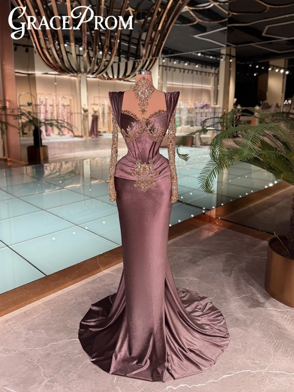 

Glimmering Crystal Velvet Evening Dress Charming Floor-length Mermaid Formal Party Gown Customized Long Sleeved Prom Dresses