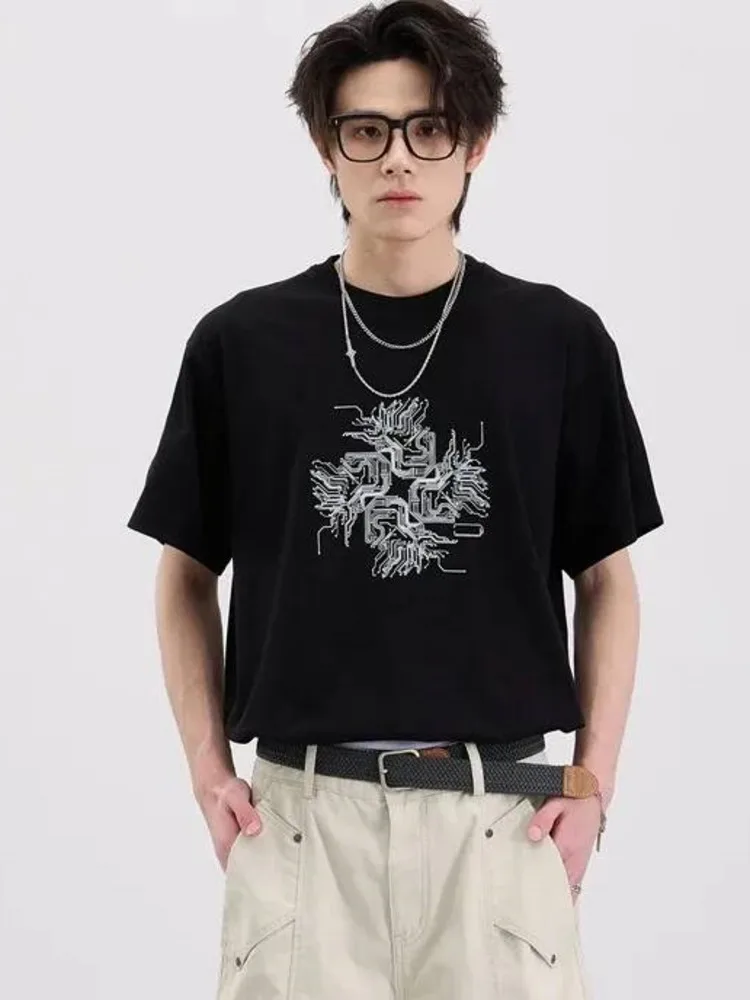 Short Black Men's Sleeved T-shirt With Electronic Component Pattern Fashion Loose Fit Summer Round Neck Pullover Top CF4C