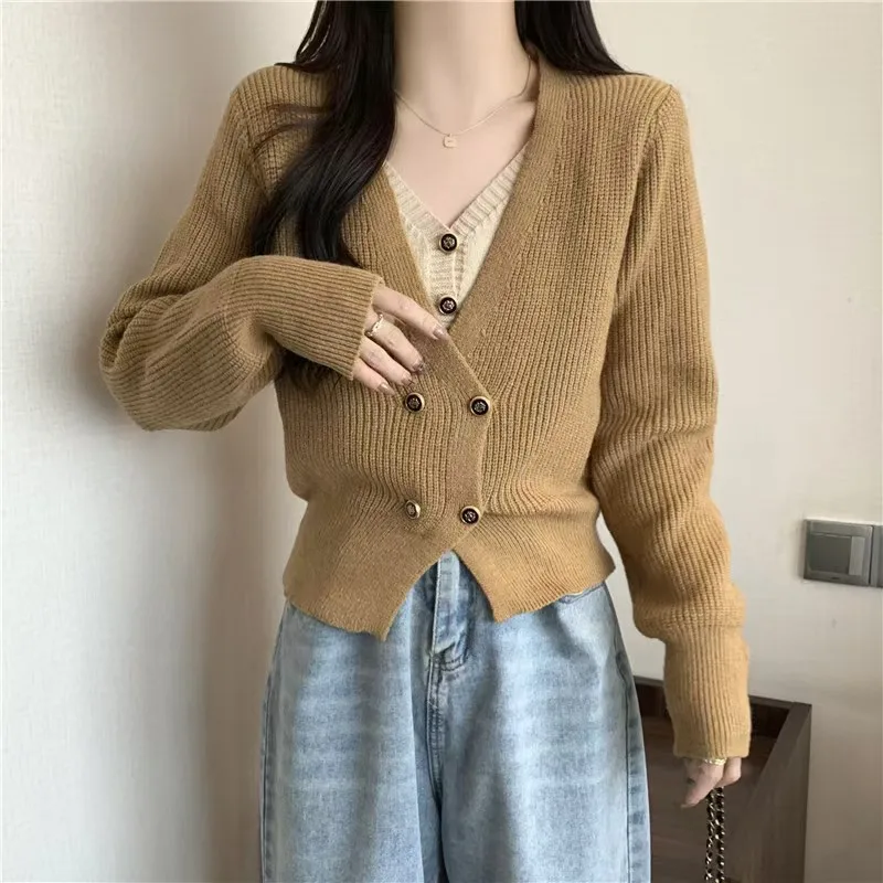 Chique manga longa topos com decote em v camisola feminina outono inverno camisola de malha recortada cardigan y2k moda coreana