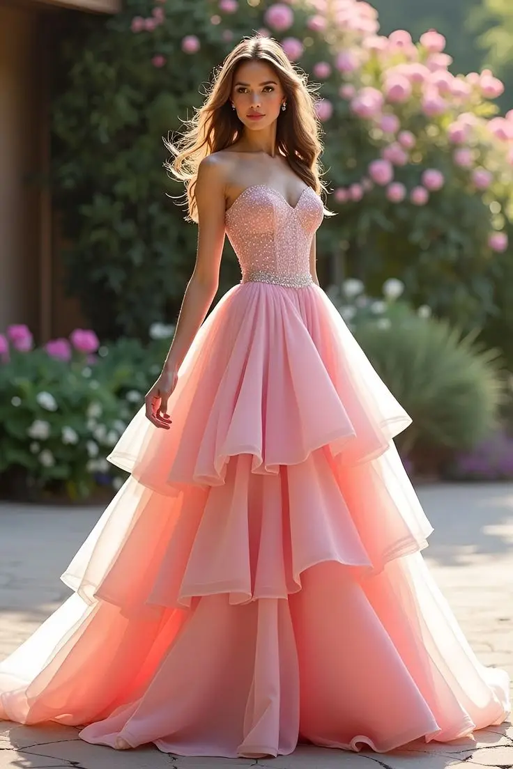 

Customized Beaded Long Prom Dresses Pink Strapless Sweetheart Tiered Organza Women Elegant Evening Gowns for Wedding Guests