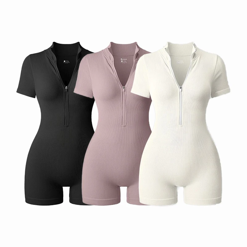 Macacão de Yoga 2025 Verão Manga Curta com Zíper Roupas Esportivas para Academia Moda Feminina Conjunto de Yoga e Fitness