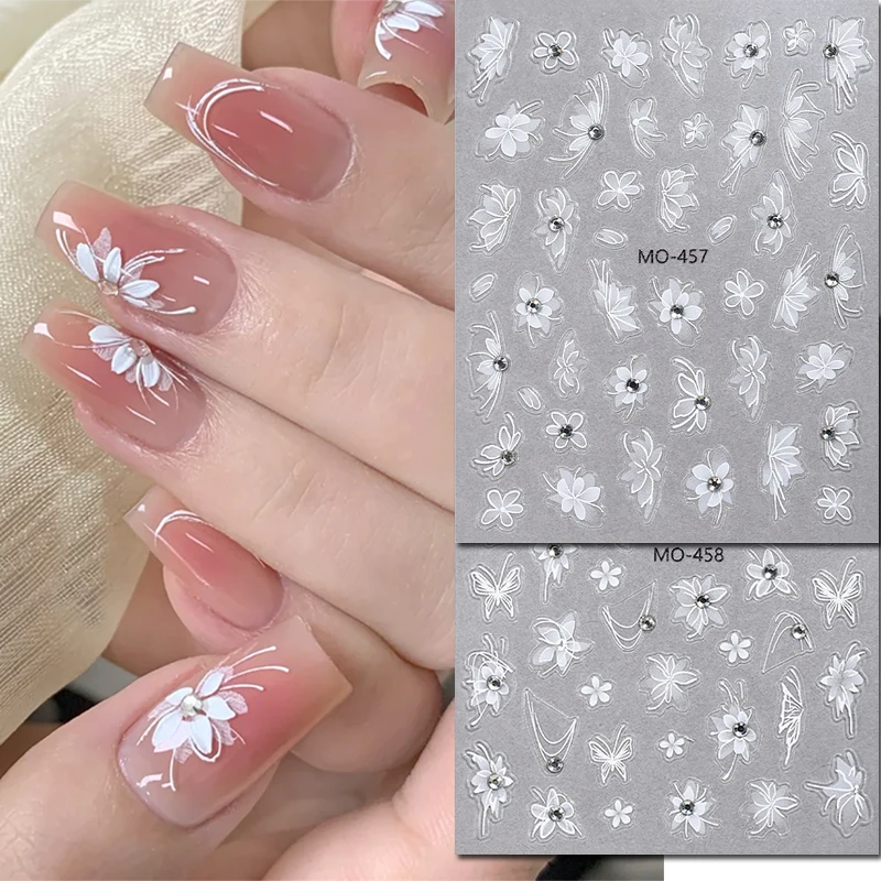 

5D Embossed Nail Art Stickers Shining Diamonds Gradually White Petals Flowers Butterflys Nails Decals Decorations For Manicures