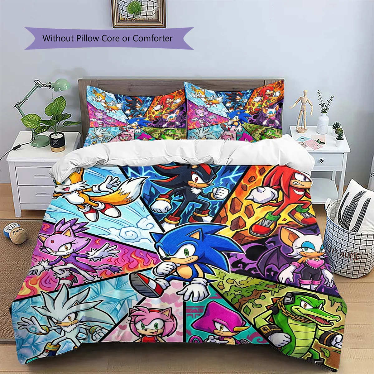Hedgehog Sonic Patterned Pillowcase & Duvet Cover Set Bedroom Modern Decor Anime Bedding Special Gift for Fans.-TING
