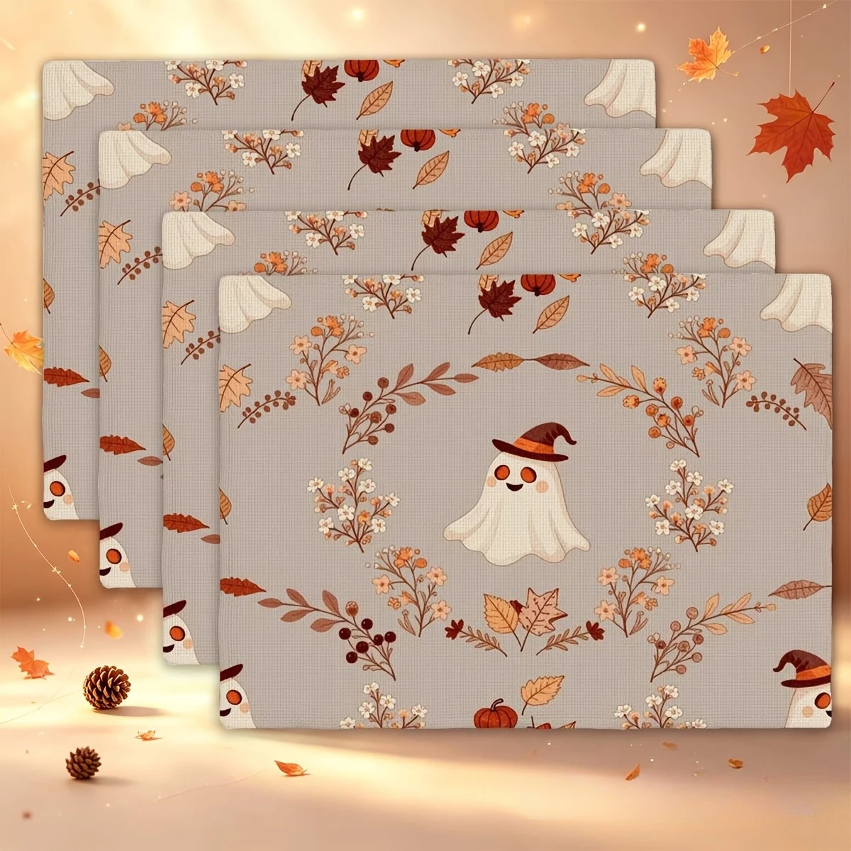 Cute Ghost Witch Hat Autumn Leaves Pumpkin Print Rectangular Placemats  Set Fall Halloween Dining Table Decor Mats