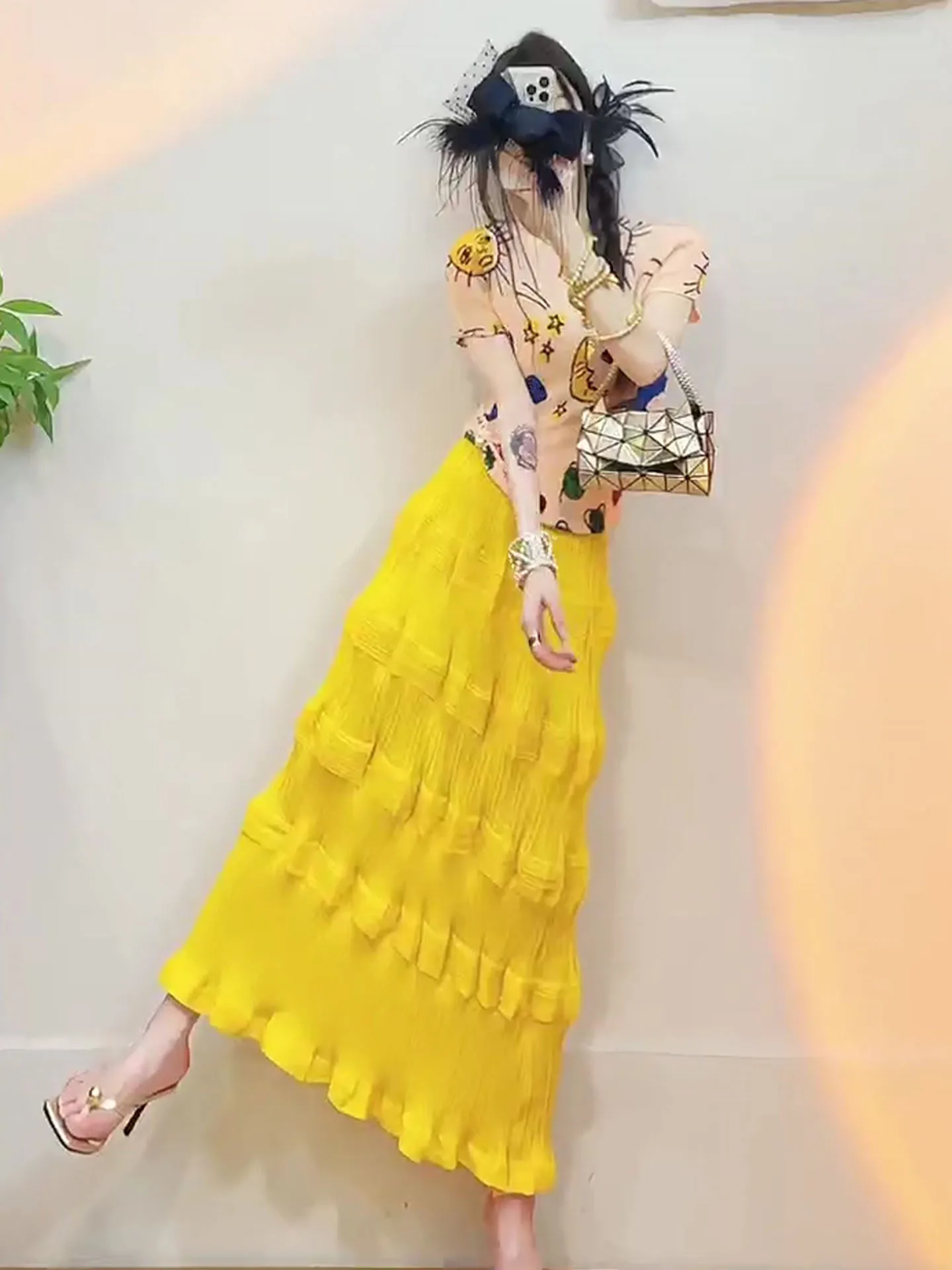 

Yellow Slim Fit f Skirt Set with Pleats Women's Faionable Korean Sle Summer Outfit by San Zhai Art Creation