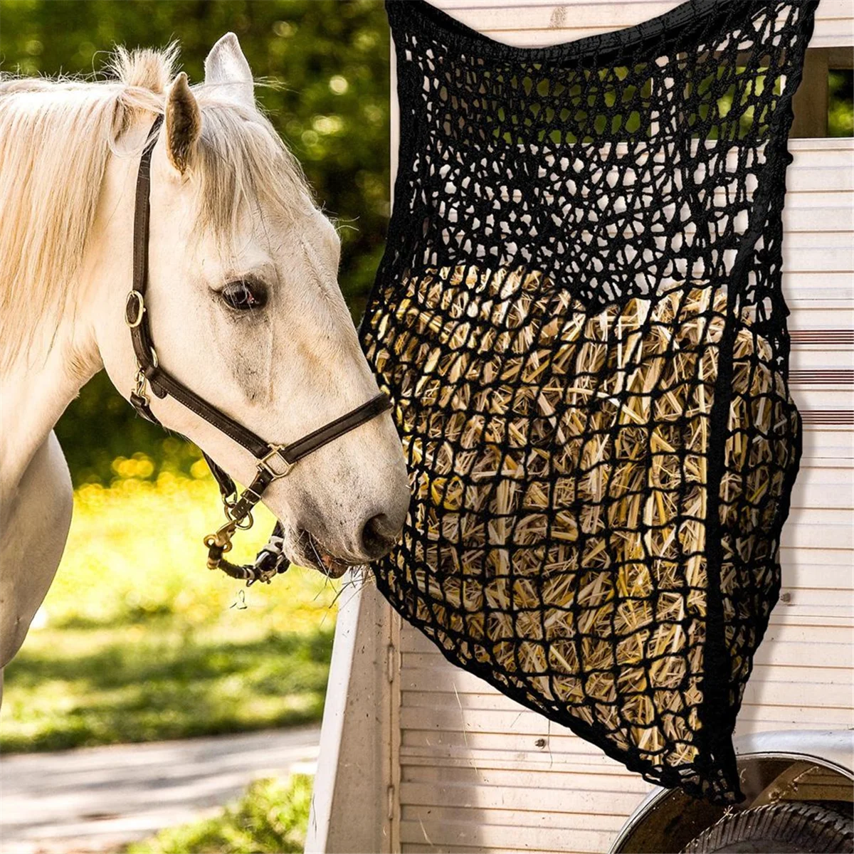 Cavalo alimentando feno net, saco de alimentação lenta, cabra suprimentos, preto, 2pcs