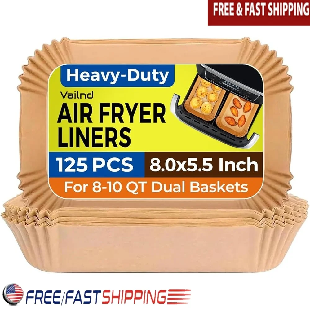 

Disposable Air Fryer Paper Liners 125Pcs Non-stick Food Grade Parchment Sheets Dual Basket Air Fryers Easy Cleanup Rectangular