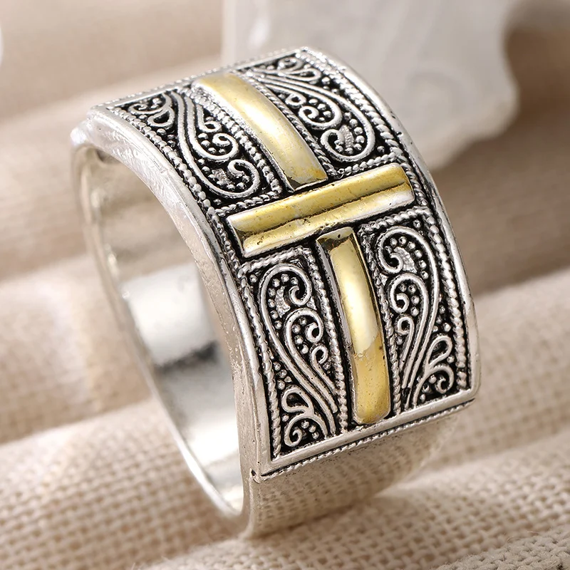 Ladies' Fashion Vintage Wide Ring Carving Cross Partition Design Silver Plated Ring Exotic Style Jewelry Casual Accessory
