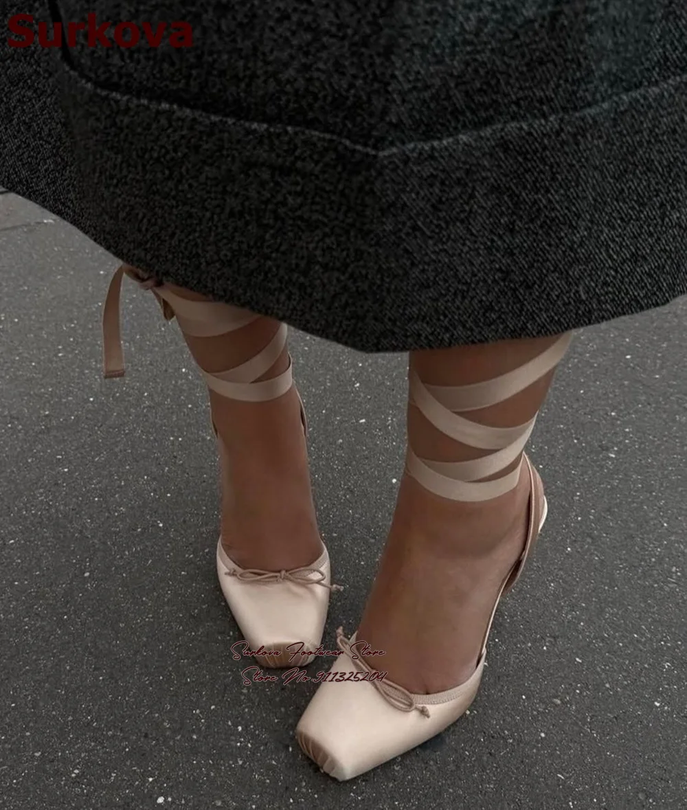 

Surkova Champagne Satin Square Toe High Heel Shoes Butterfly-Knot Decor Ribbon Lace-Up Banquet Pumps Slingback Stiletto Heels