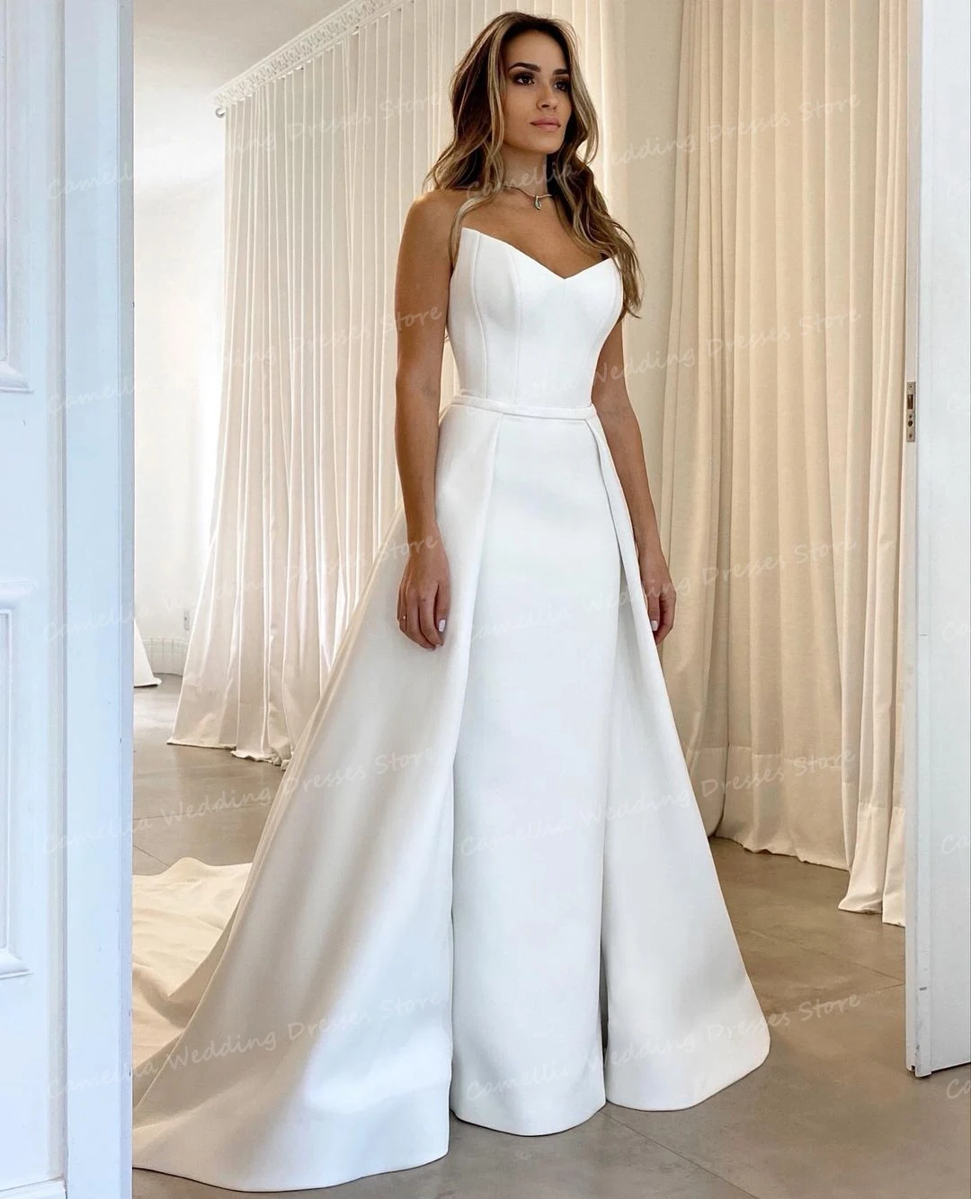 Luxury Simple Wedding Dresses Women's Mermaid Detachable Train Tea-Length Sexy Sleeveless Backless Satin Bridal Gowns Vestidos