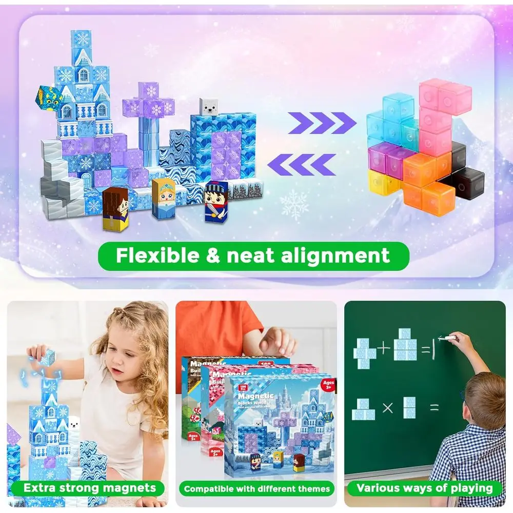 100개 0.8인치 투명 파란색 자석 블록 - 공주 성 테마, 4-8세 어린이용, 3-12세 소녀들에게 이상적인 선물