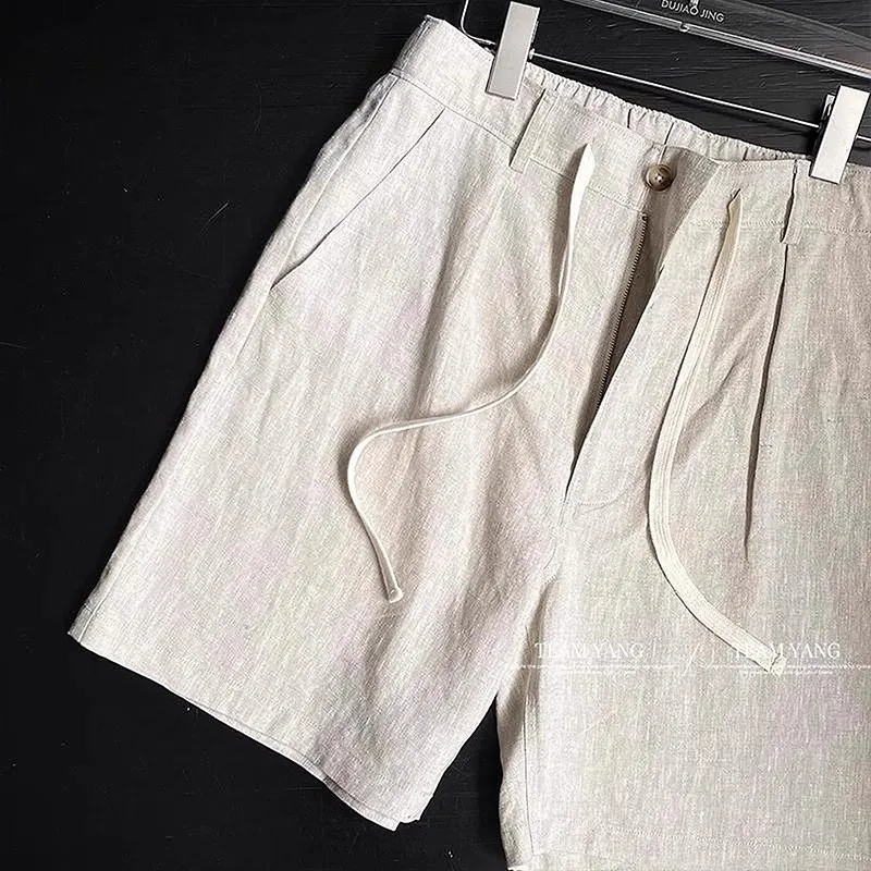 Men's Summer Lightweight Breathable Drawstring Linen Suit Shorts with a High-End Feel, Ice Silk Casual Knee-Length Shorts