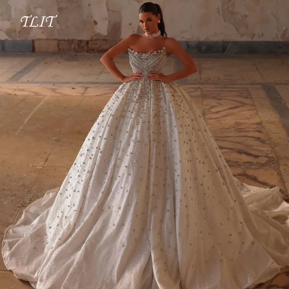 

TLIT Luxurious Ivory Silk Satin A-Line Wedding Dresses Customized Sweetheart Strapless Appliques Crystal Pearls Bridal Gowns