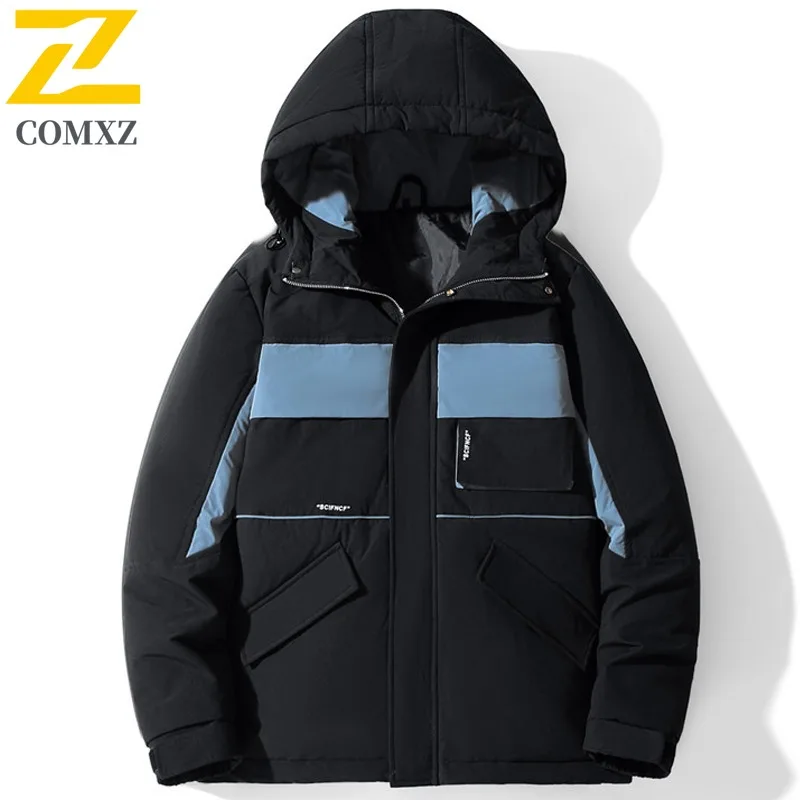COMXZ Men's Puffer Jacket New Style Minimalist Hooded Thick Warm Travel Winter Jacket Snowy High-Quality Windproof Padding Coat