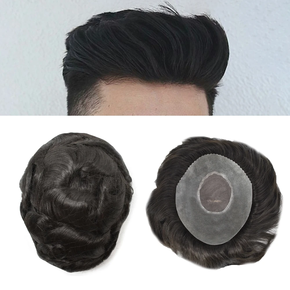 

Toupee For Men Fine Mono with Clear Poly Remy Hair Replacement System All Hand Tied Natural Human Hair Breathable Men Wig Ts-3