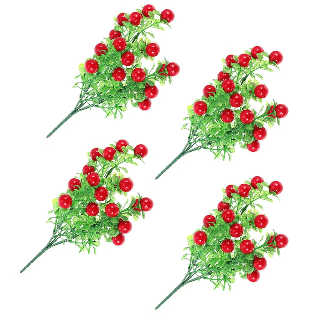 4 قطعة ينبع أحمر نابض بالحياة أوراق الأوكالبتوس فروع التوت الاصطناعي زهرية حشو وهمية التوت الأحمر باقة مقلد نباتات الفاكهة #4