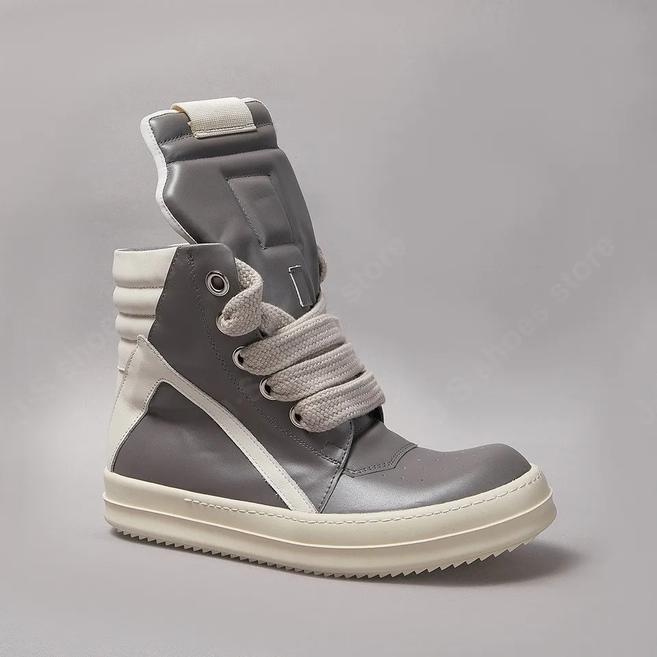 

Rick Men Shoe Casual Women Sneaker Gray Leather High Top Shoes Jumbo Laces Geobasket Owens ZIP Ankle Boot Designer Flat Shoe