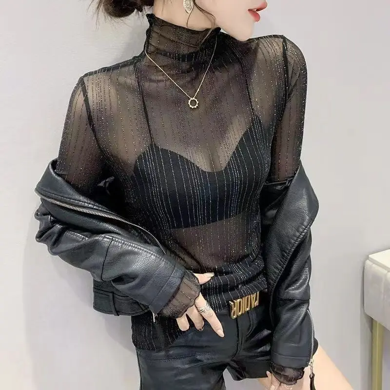 Spring Autumn Fashion Striped Ruffles T-Shirts Women's Clothing Hollow Out Lace French Style Bright Silk Thin Slim Chaopai Tops