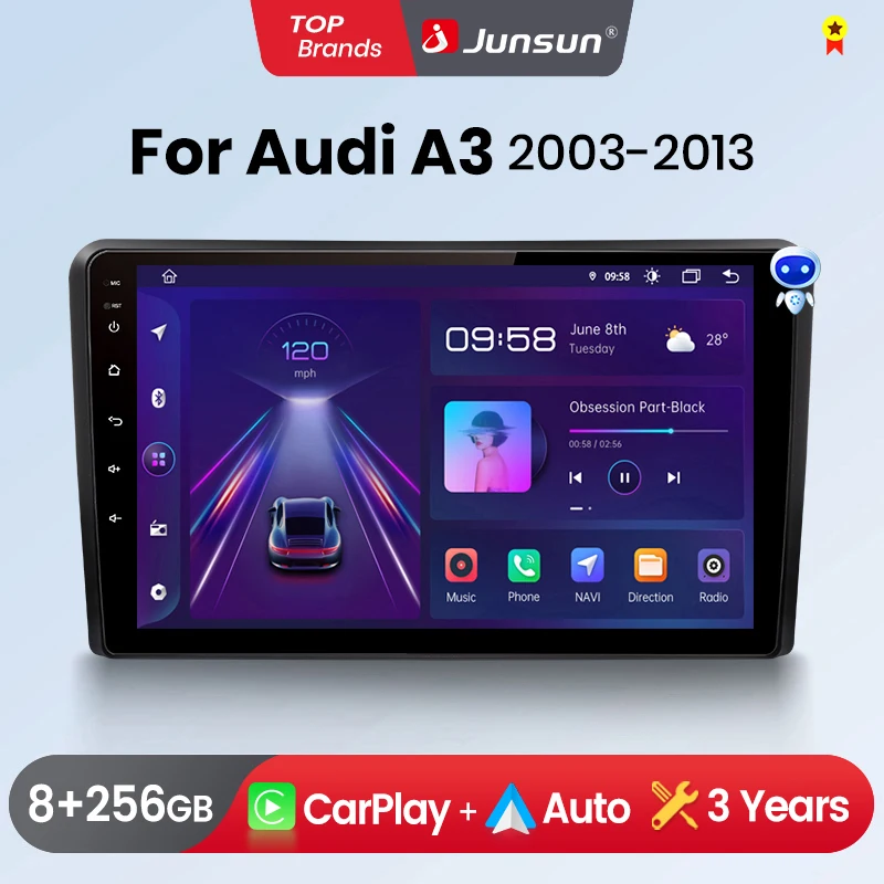 Junsun Wireless CarPlay Android Auto Car Radio For Audi A3 8P 2003 2004 2005 2006 - 2013 GPS Multimedia 2 din Systems Stereo
