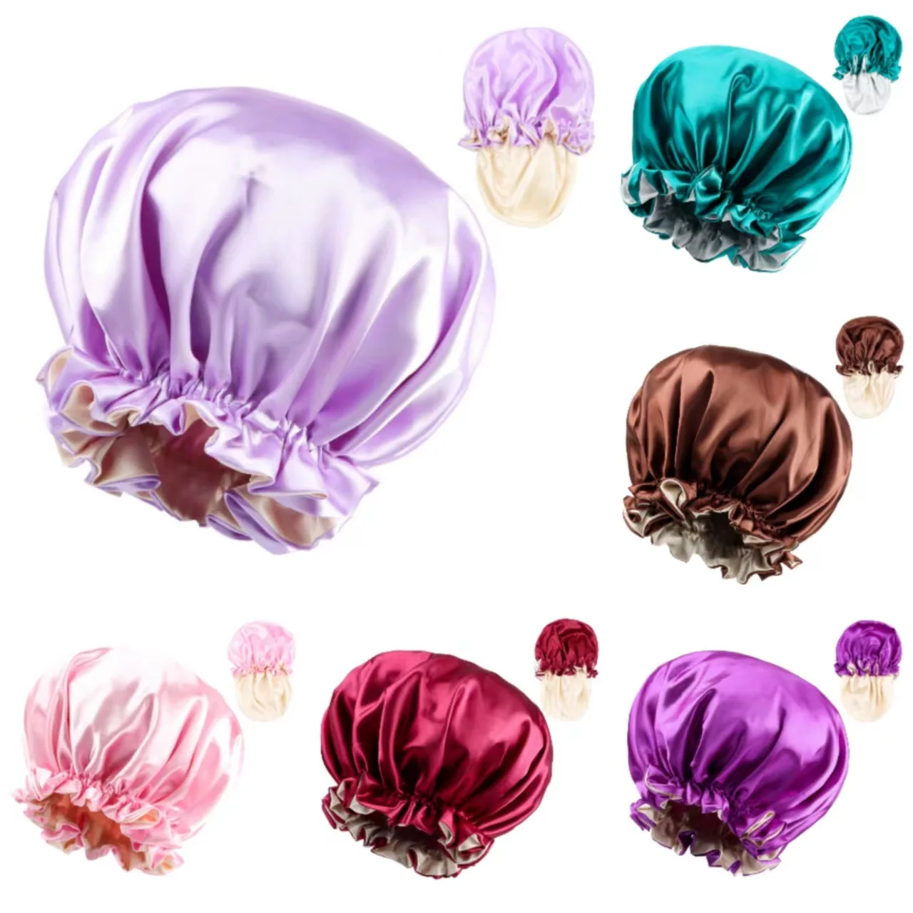 قبعة نوم كبيرة الحجم بطبقة مزدوجة من الدانتيل بلون سادة للعناية بالشعر، قبعة نسائية على شكل قبة من الحرير المقلد