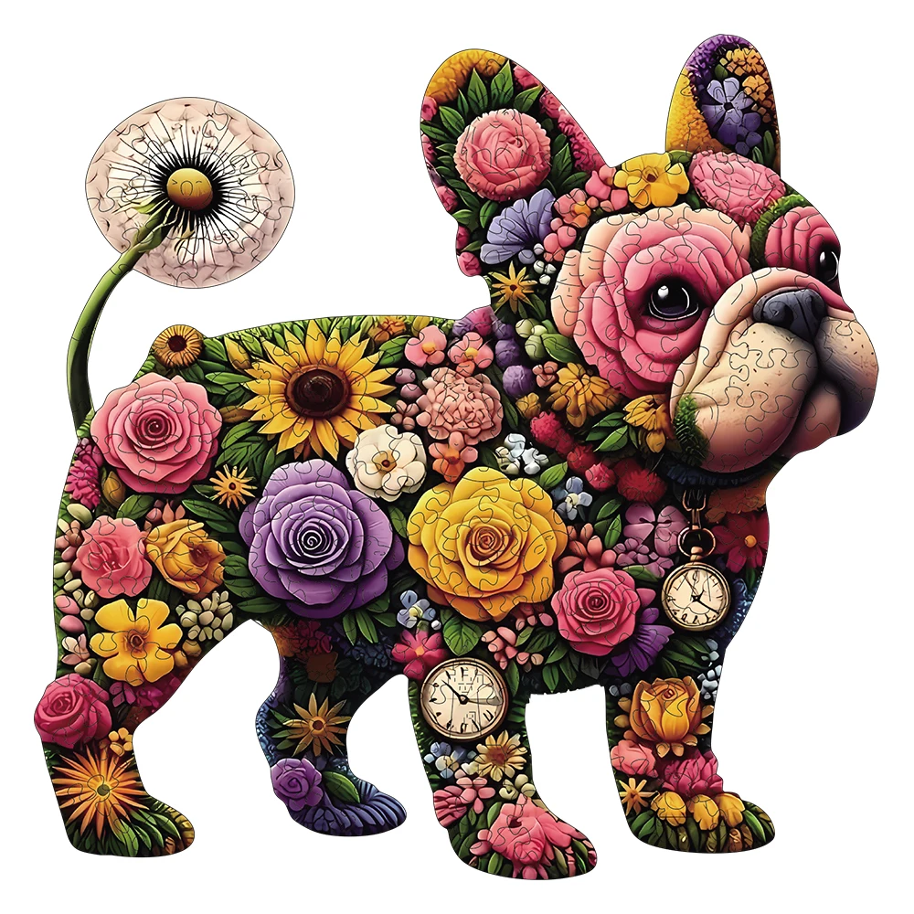 Holzpuzzle für Erwachsene, bunte Blumen-Bulldoggen-Puzzles, besondere Weihnachtsgeschenke für Freunde, Familie, moderne Kunst, Heimdekoration