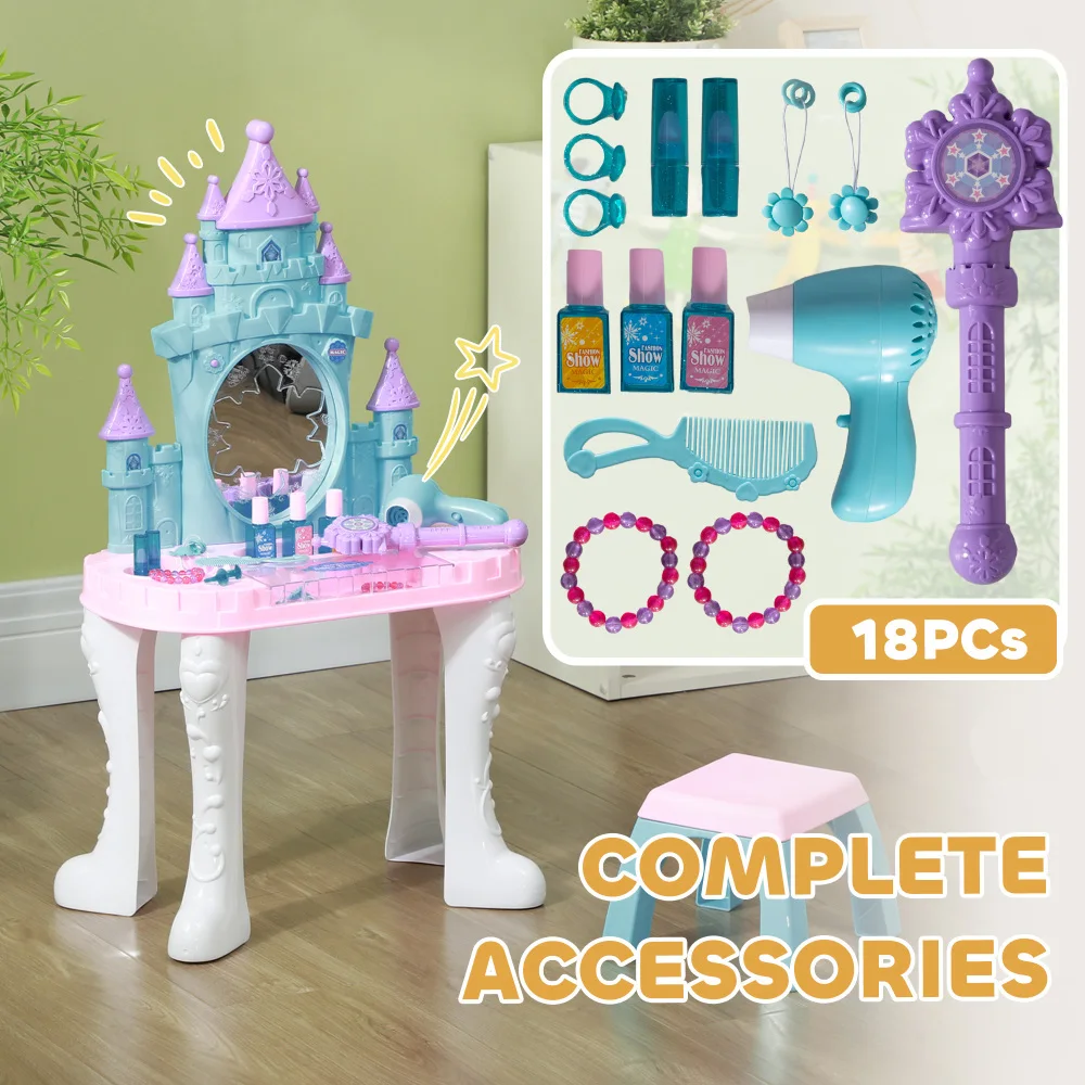 Kids Vanity Set with Mirror and Stool, Castle Design Makeup Table with Light, Music, Hair Dryer,Girls Pretend Play Toys