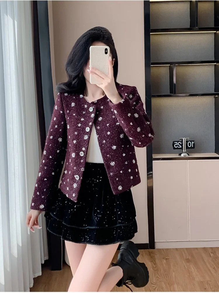 High-Quality Design Sequin Small Fragrant Style Cotton Jacket Coat Women's Luxury Beaded Tweed Woolen Top