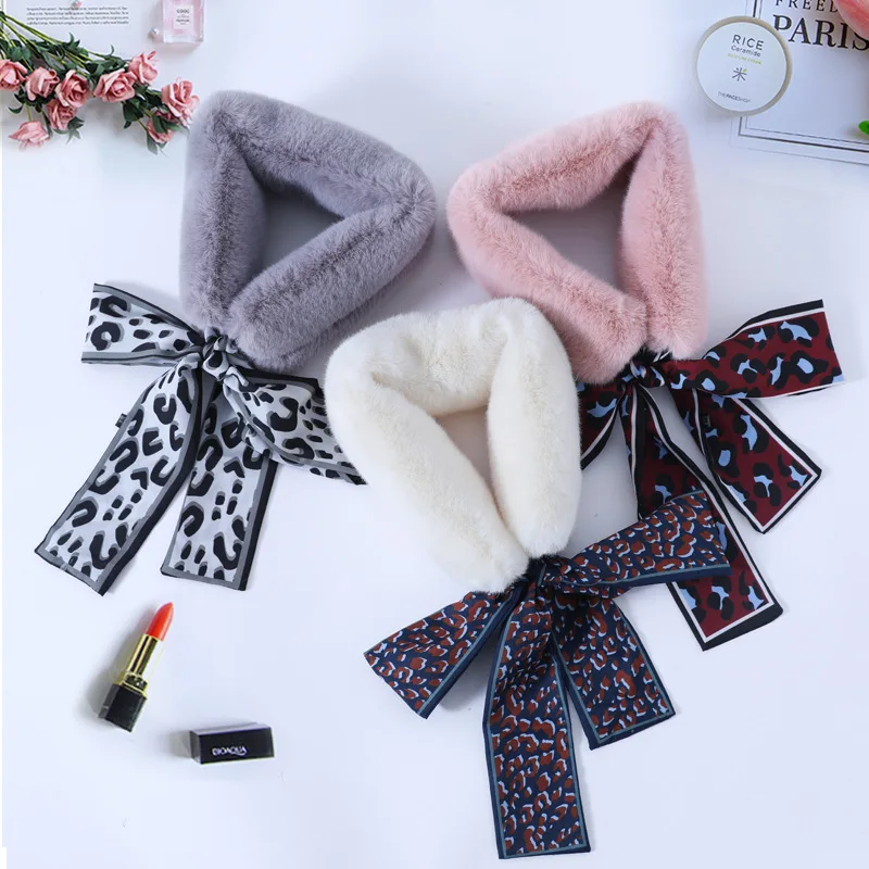 Fashion Leopard Print Ribbon Women Faux Fur Collar Scarf Cartoon Printed Soft Plush Collar Neck Warmer Girl Long Silk Shawl J26