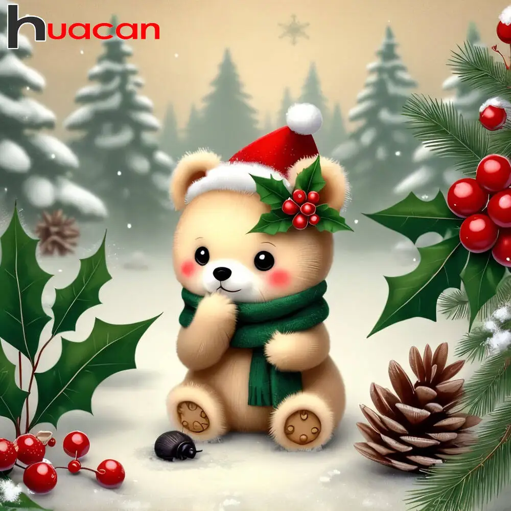 HUACAN 5D-Diamantgemälde, Tier, Bär, Schnee, neue Kollektion 2025, Tannenzapfen, Kirsche, dekorative Stickerei, Winter