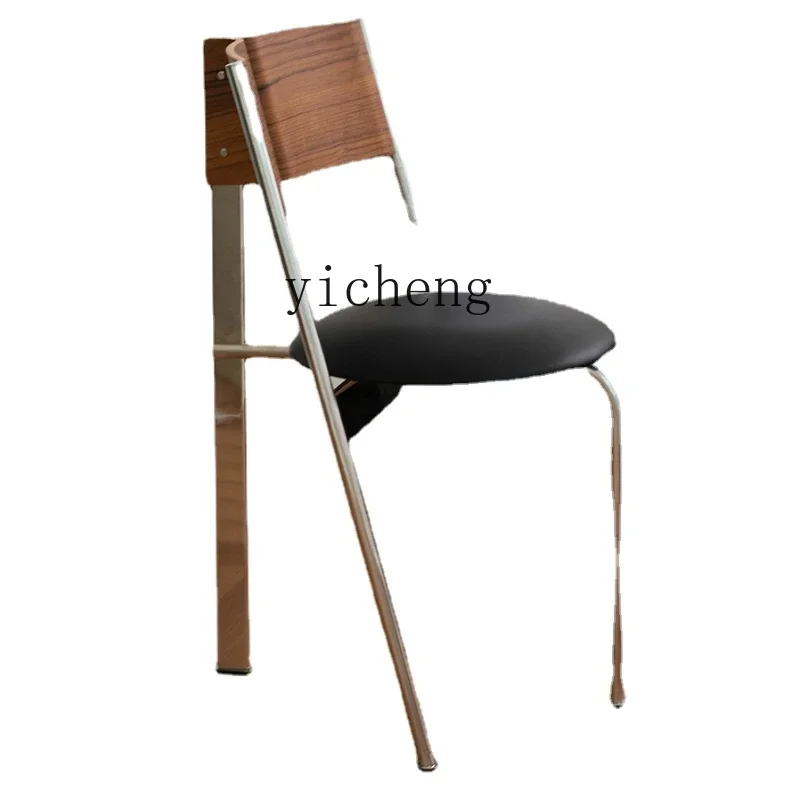 YY Mid-Ancient Ins Style Chinese Dining Chair Design Retro First Layer Cowhide Stainless Steel Chair