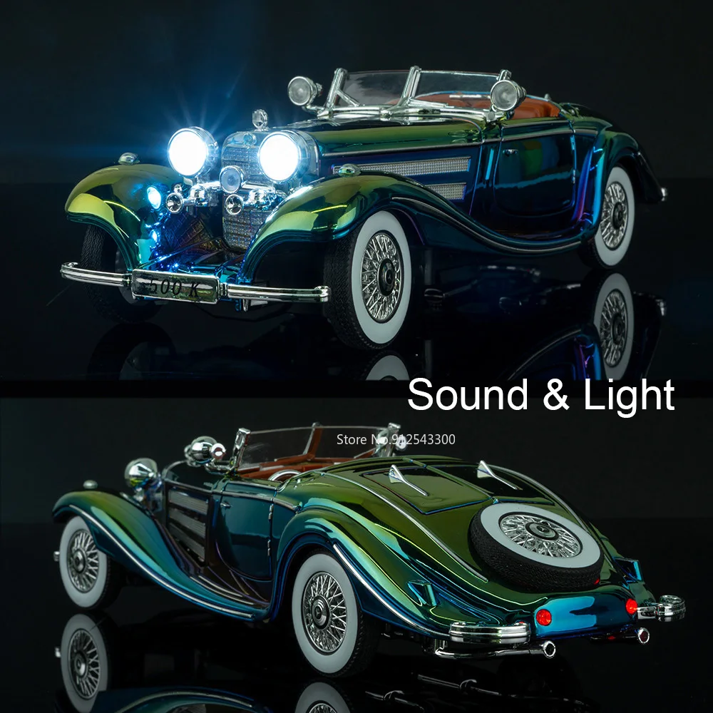 Modèle de voiture classique 1:24 500K 300SL, jouet, son et lumière, portes à tirer, ornements ouverts, modèles de véhicules ouverts, cadeaux pour enfants