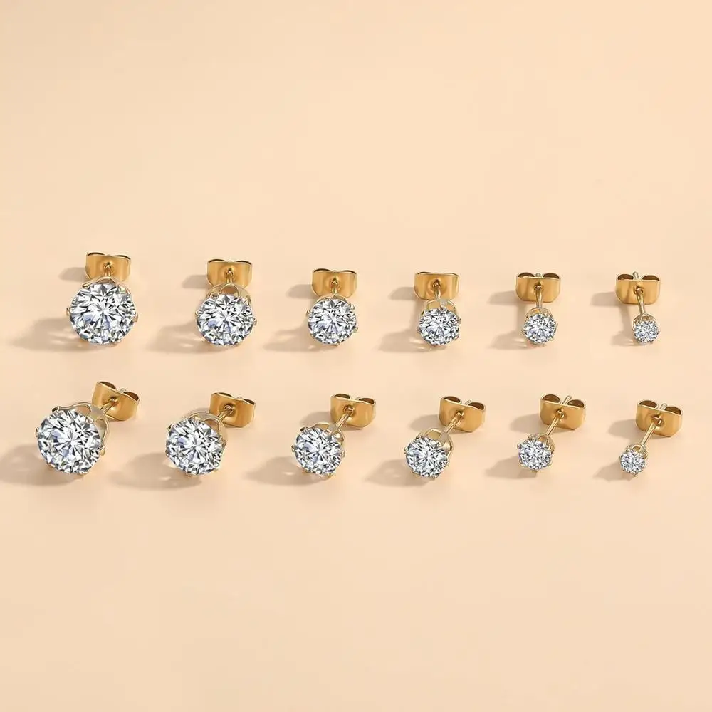 12 Pairs Stud Earrings for Women Hypoallergenic Stainless Steel Stud Earrings Men Earrings Stud with Round/Square Cubic Zirconia